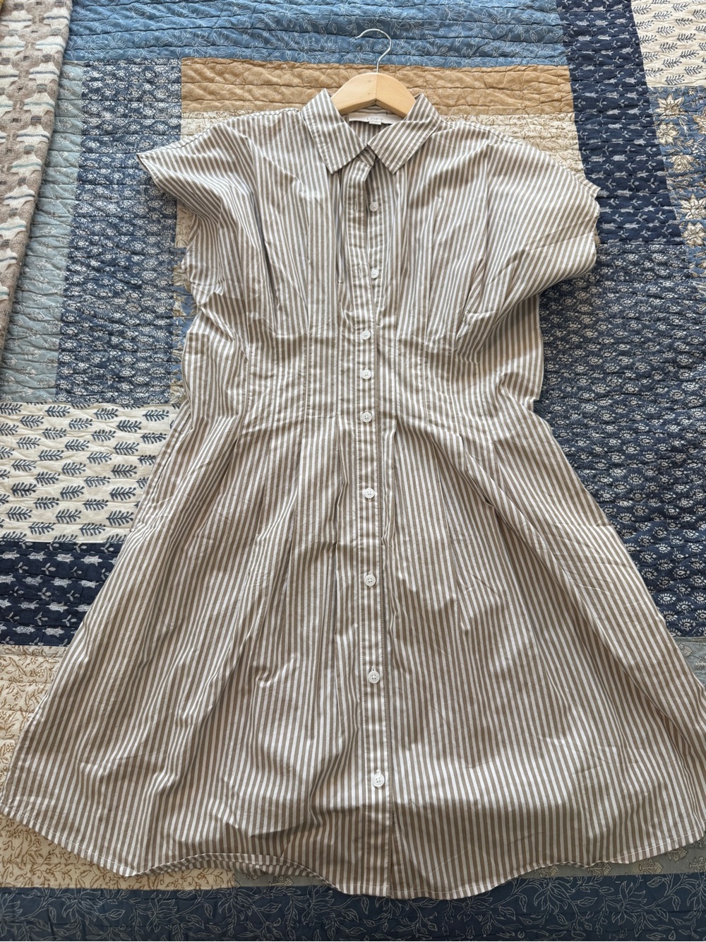 LOFT Beige and White Striped Midi Shirt Dress